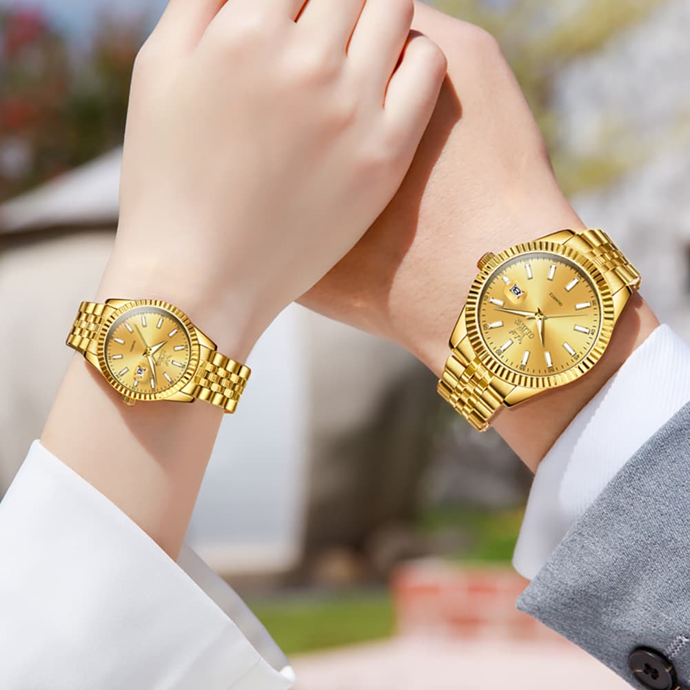OLEVS Couple Watch Fluted Bezel Two Tone Stainless Steel Date Quartz 5593 - Women - All Gold Watch | Olevs Watch Store