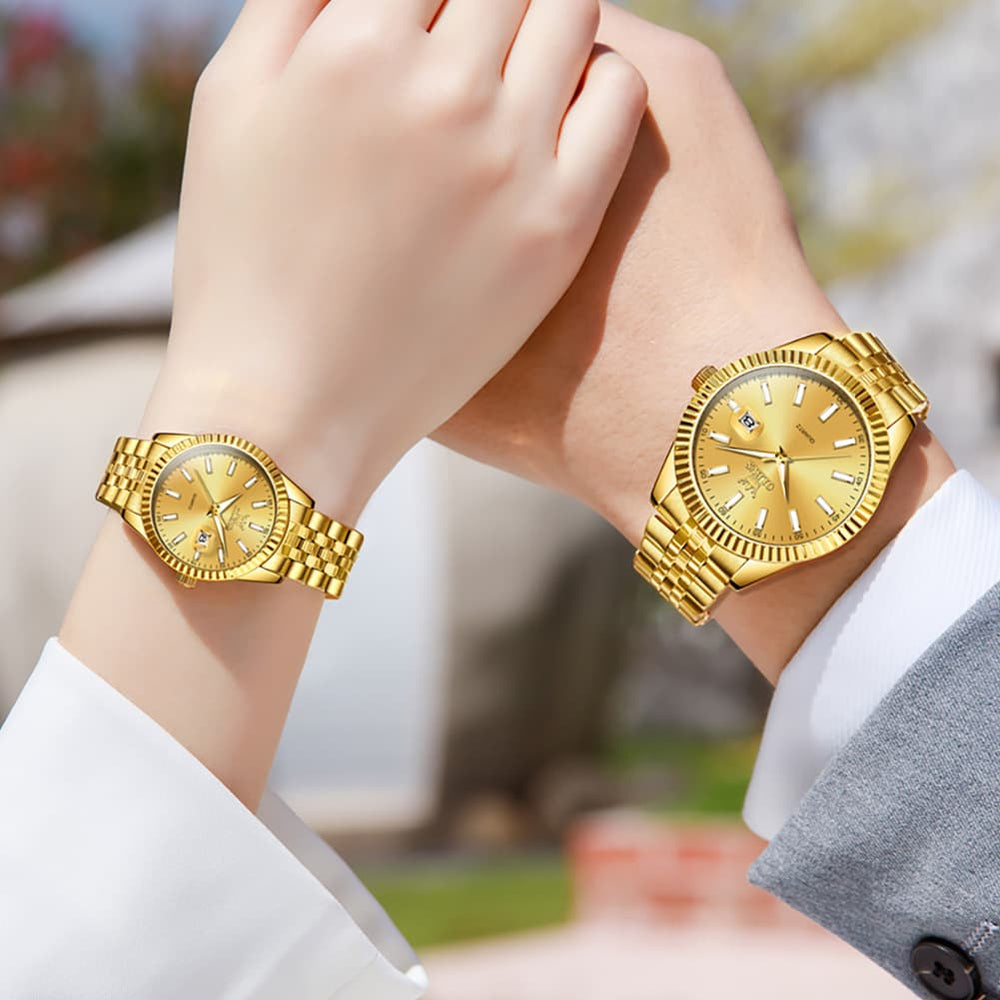 OLEVS Couple Watch Fluted Bezel Two Tone Stainless Steel Date Quartz 5593 - Women - All Gold Watch | Olevs Watch Store