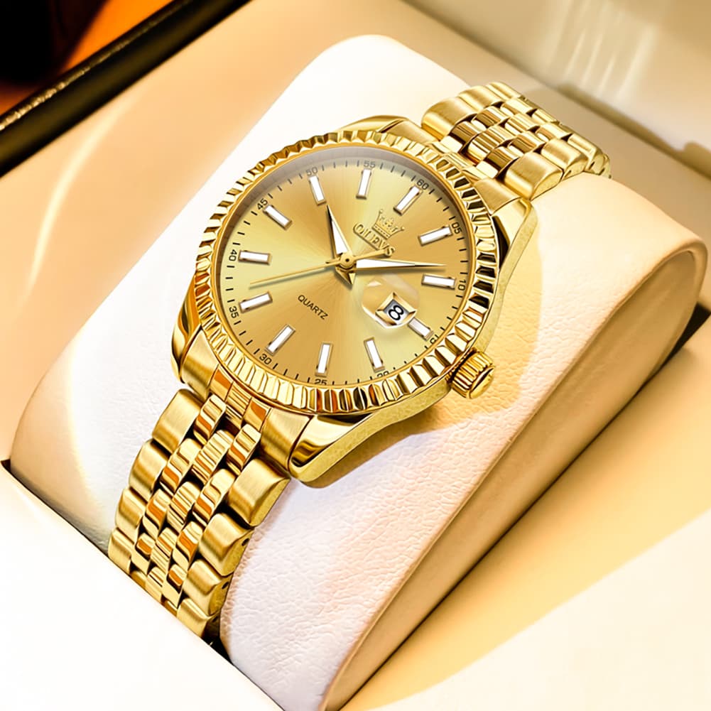 OLEVS Couple Watch Fluted Bezel Two Tone Stainless Steel Date Quartz 5593 - Women - All Gold Watch | Olevs Watch Store