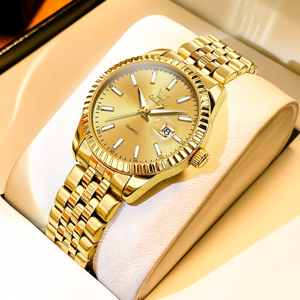 OLEVS Couple Watch Fluted Bezel Two Tone Stainless Steel Date Quartz 5593 - Women - All Gold Watch | Olevs Watch Store