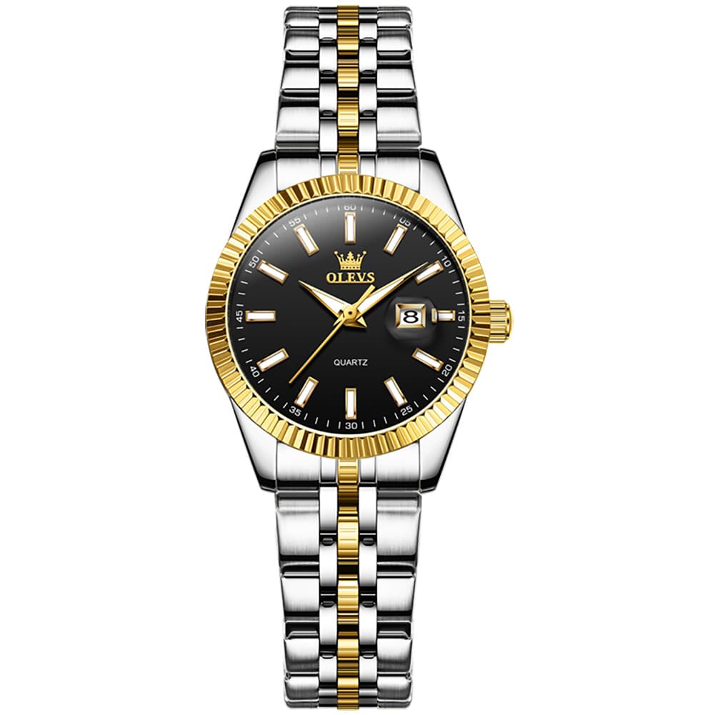 OLEVS Couple Watch Fluted Bezel Two Tone Stainless Steel Date Quartz 5593 - Women - All Gold Watch | Olevs Watch Store