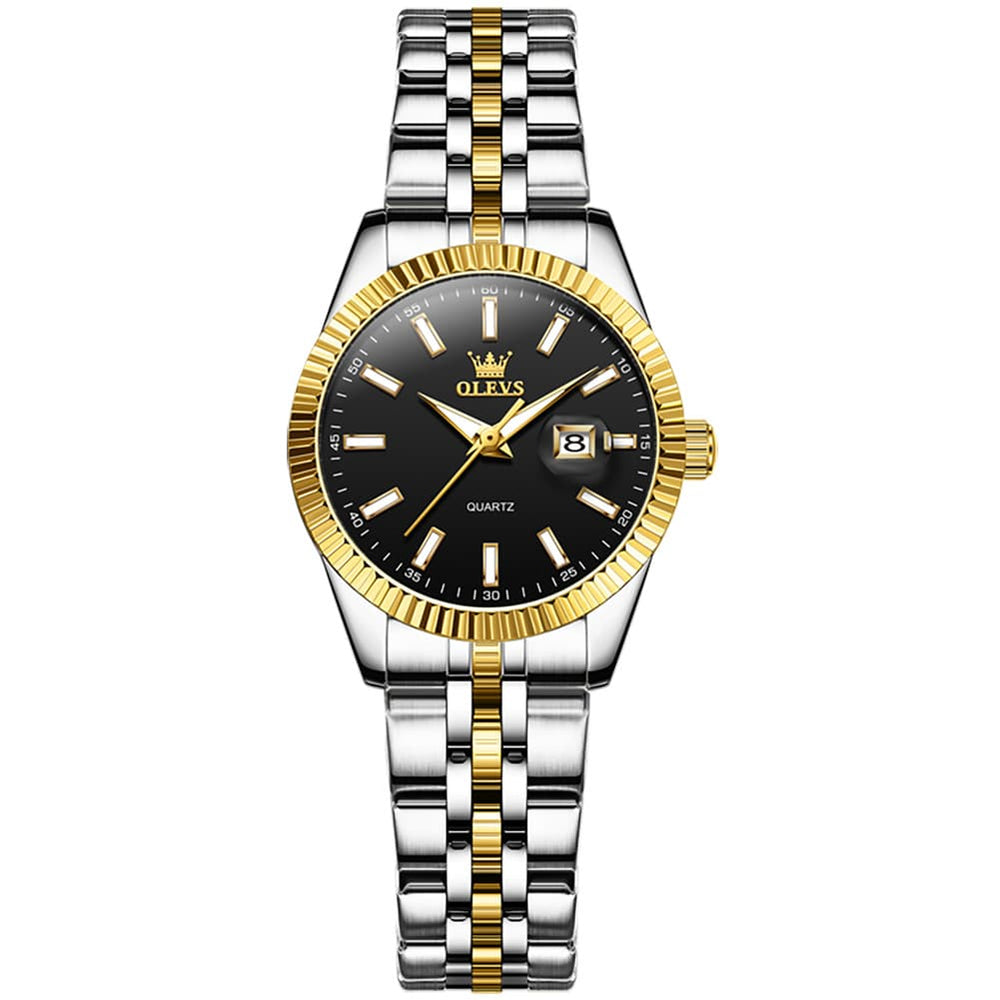 OLEVS Couple Watch Fluted Bezel Two Tone Stainless Steel Date Quartz 5593 - Women - All Gold Watch | Olevs Watch Store