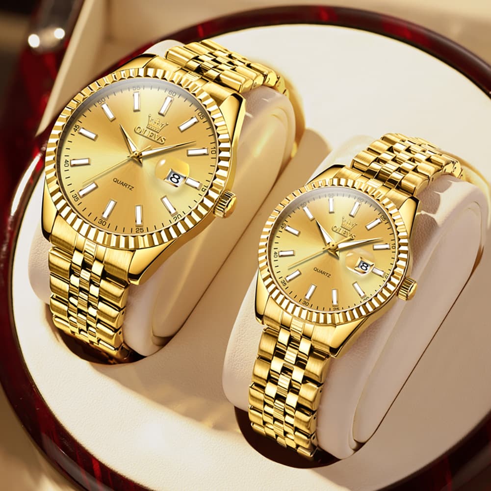 OLEVS Couple Watch Fluted Bezel Two Tone Stainless Steel Date Quartz 5593 - Women - All Gold Watch | Olevs Watch Store