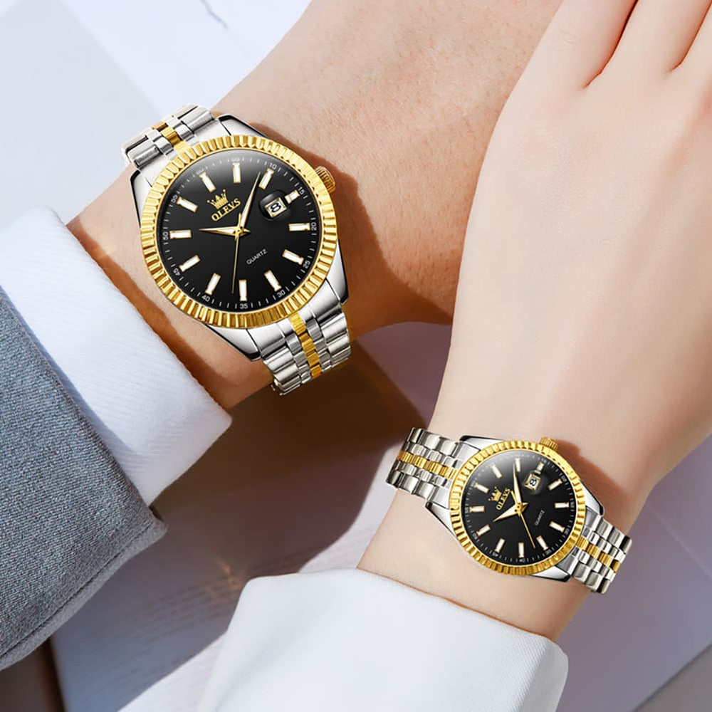 OLEVS Couple Watch Fluted Bezel Two Tone Stainless Steel Date Quartz 5593 - Women - All Gold Watch | Olevs Watch Store