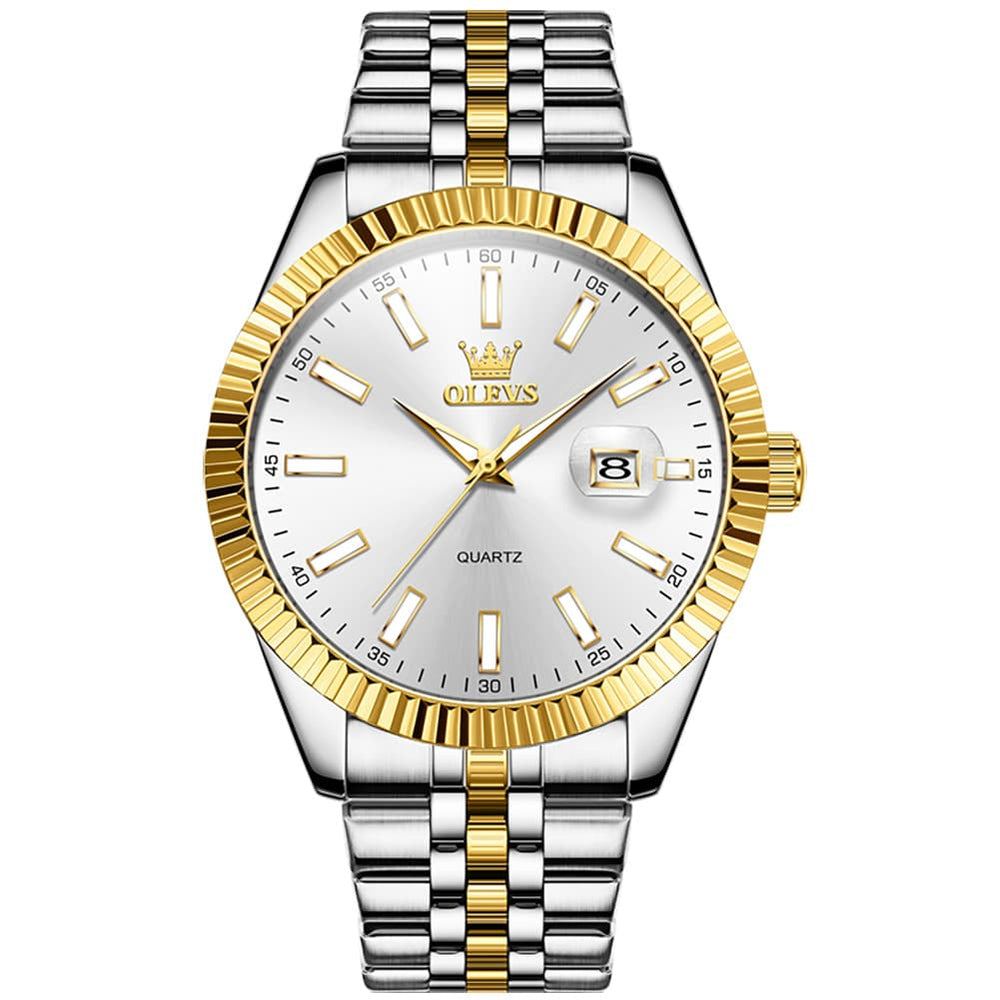 OLEVS Couple Watch Fluted Bezel Two Tone Stainless Steel Date Quartz 5593 - Women - All Gold Watch | Olevs Watch Store