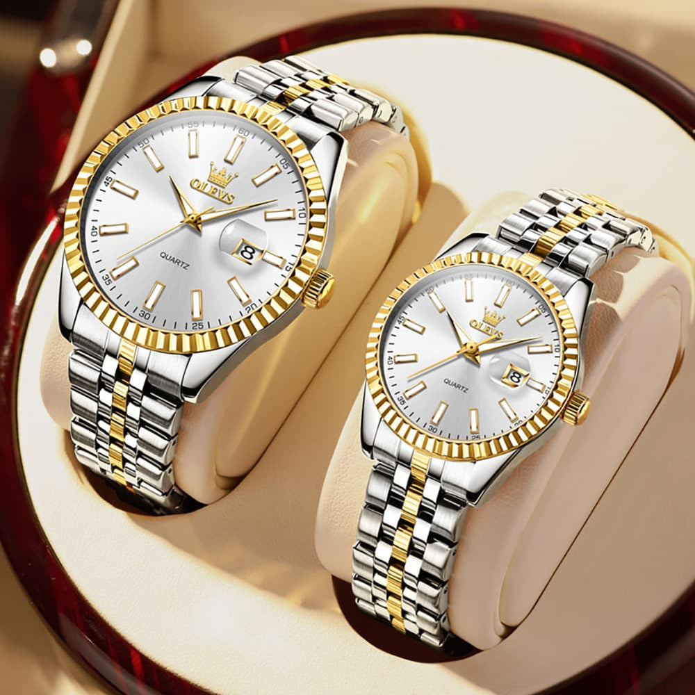 OLEVS Couple Watch Fluted Bezel Two Tone Stainless Steel Date Quartz 5593 - Women - All Gold Watch | Olevs Watch Store