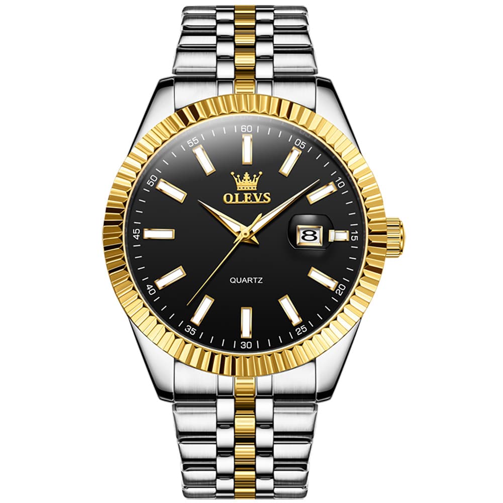 OLEVS Couple Watch Fluted Bezel Two Tone Stainless Steel Date Quartz 5593 - Women - All Gold Watch | Olevs Watch Store