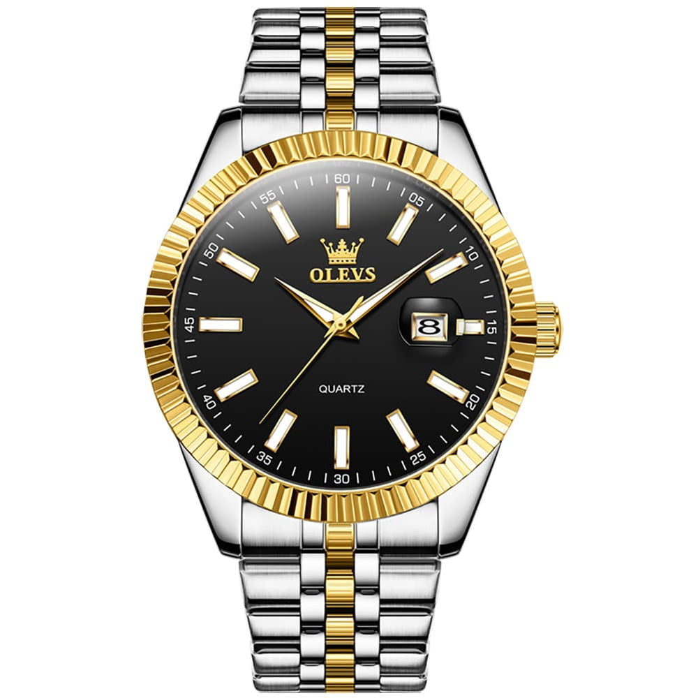 OLEVS Couple Watch Fluted Bezel Two Tone Stainless Steel Date Quartz 5593 - Women - All Gold Watch | Olevs Watch Store
