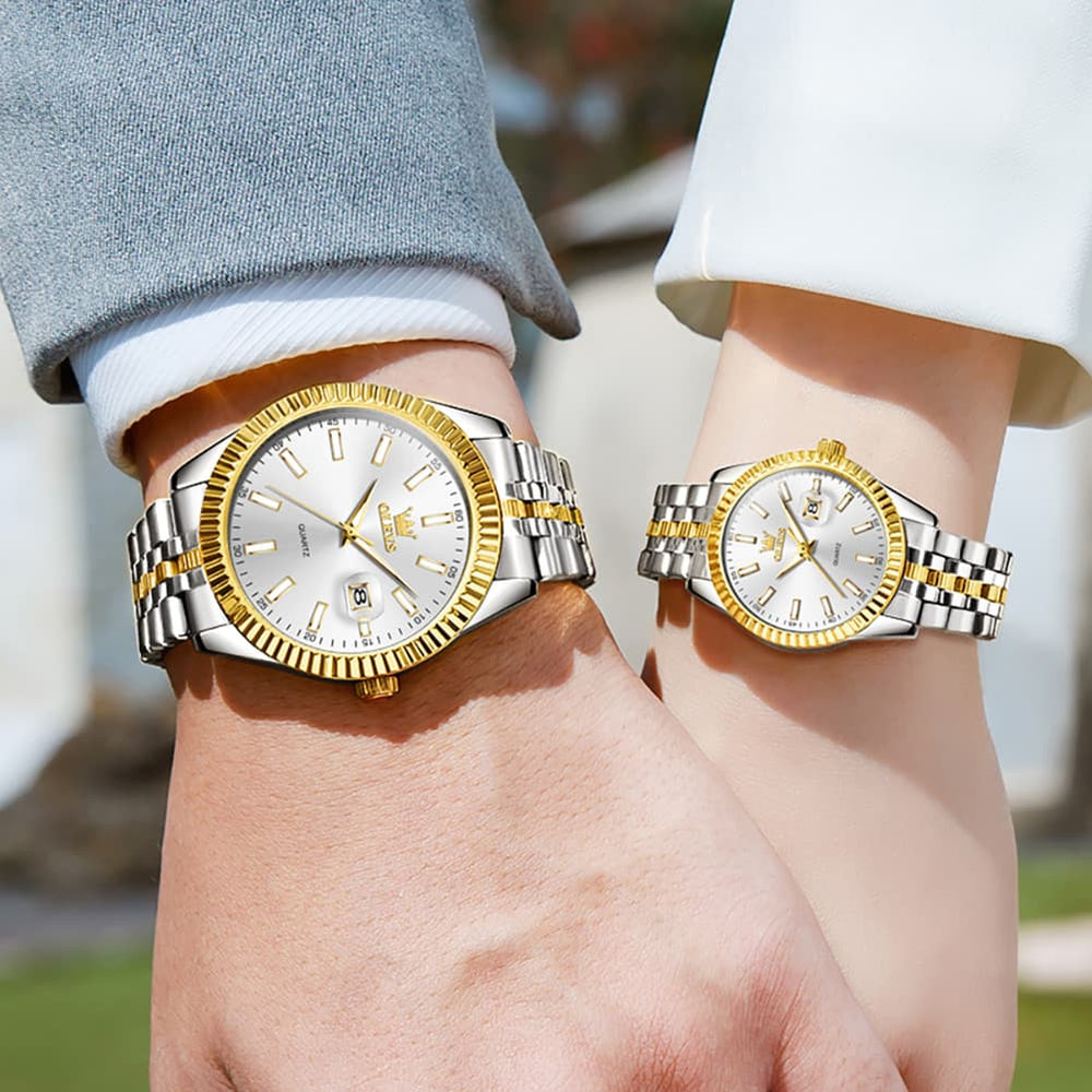 OLEVS Couple Watch Fluted Bezel Two Tone Stainless Steel Date Quartz 5593 - Women - All Gold Watch | Olevs Watch Store
