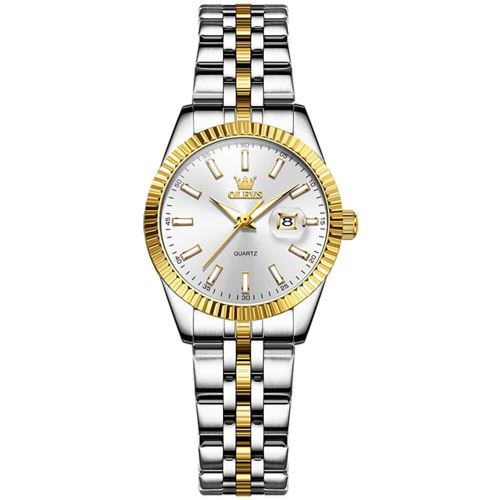 OLEVS Couple Watch Fluted Bezel Two Tone Stainless Steel Date Quartz 5593 - Women - All Gold Watch | Olevs Watch Store
