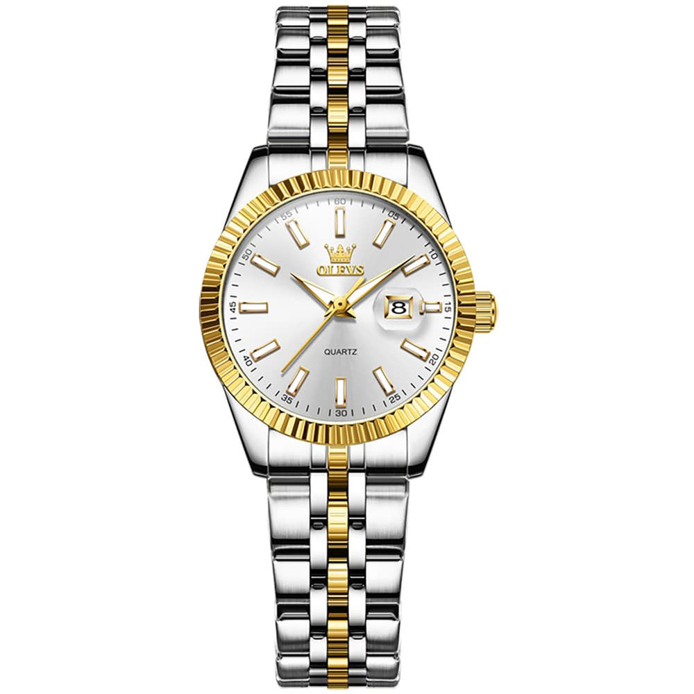 OLEVS Couple Watch Fluted Bezel Two Tone Stainless Steel Date Quartz 5593 - Women - All Gold Watch | Olevs Watch Store