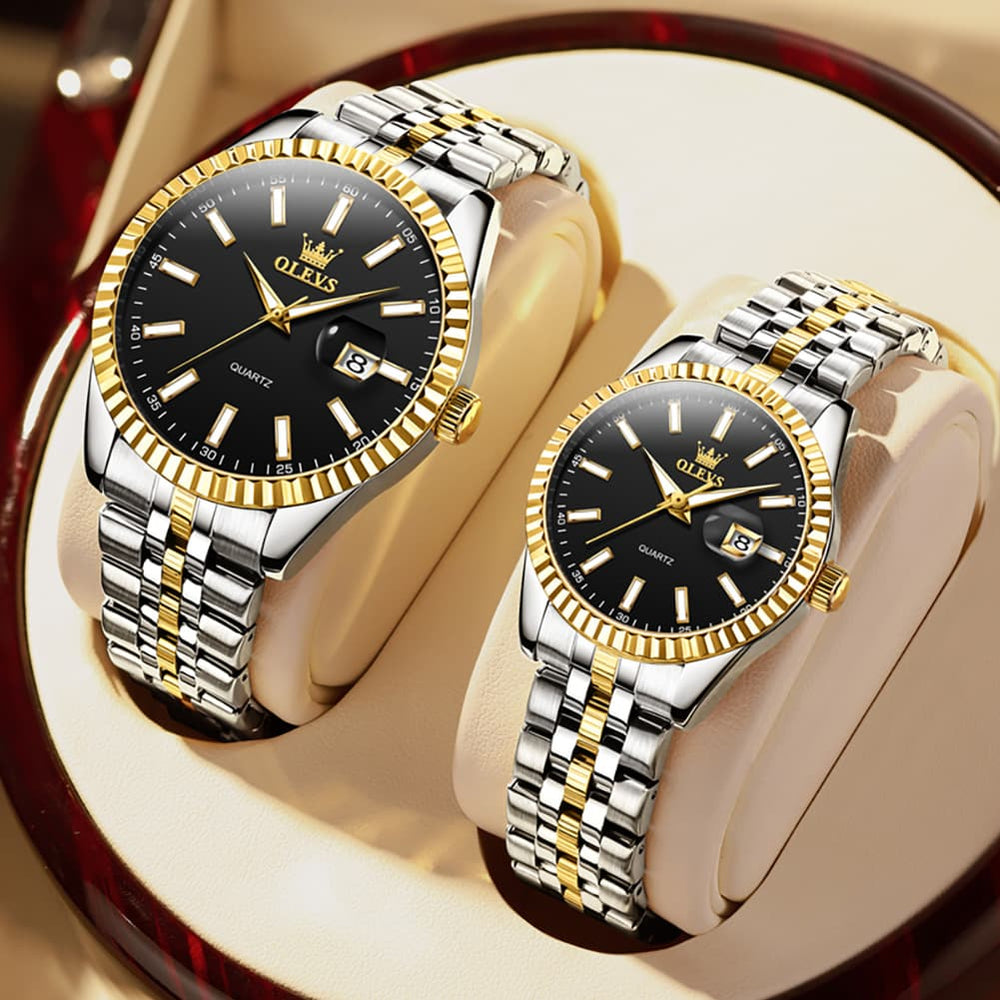 OLEVS Couple Watch Fluted Bezel Two Tone Stainless Steel Date Quartz 5593 - Women - All Gold Watch | Olevs Watch Store