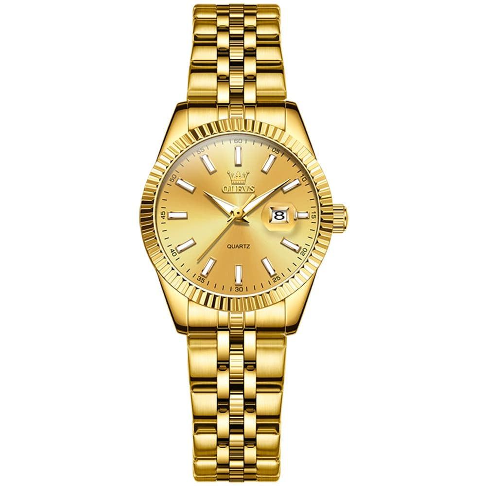 OLEVS Couple Watch Fluted Bezel Two Tone Stainless Steel Date Quartz 5593 - Women - All Gold Watch | Olevs Watch Store