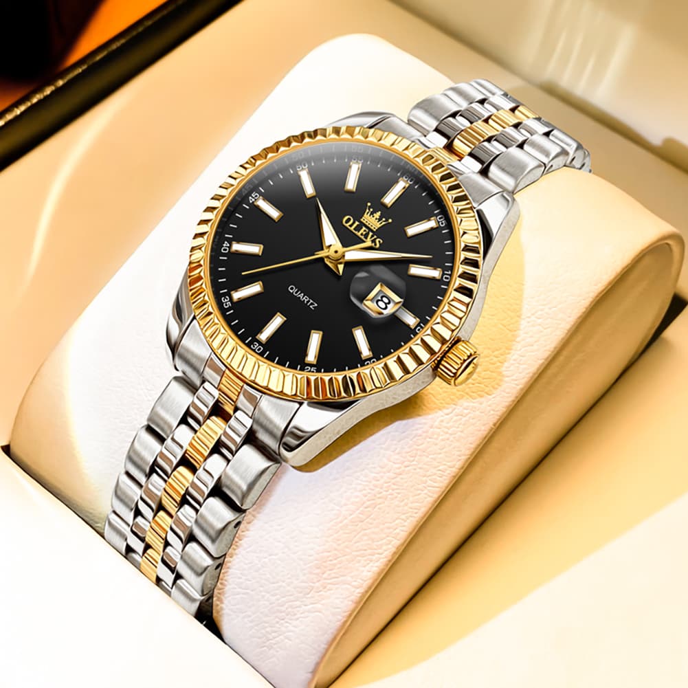 OLEVS Couple Watch Fluted Bezel Two Tone Stainless Steel Date Quartz 5593 - Women - Two Tone Black Watch | Olevs Watch Store