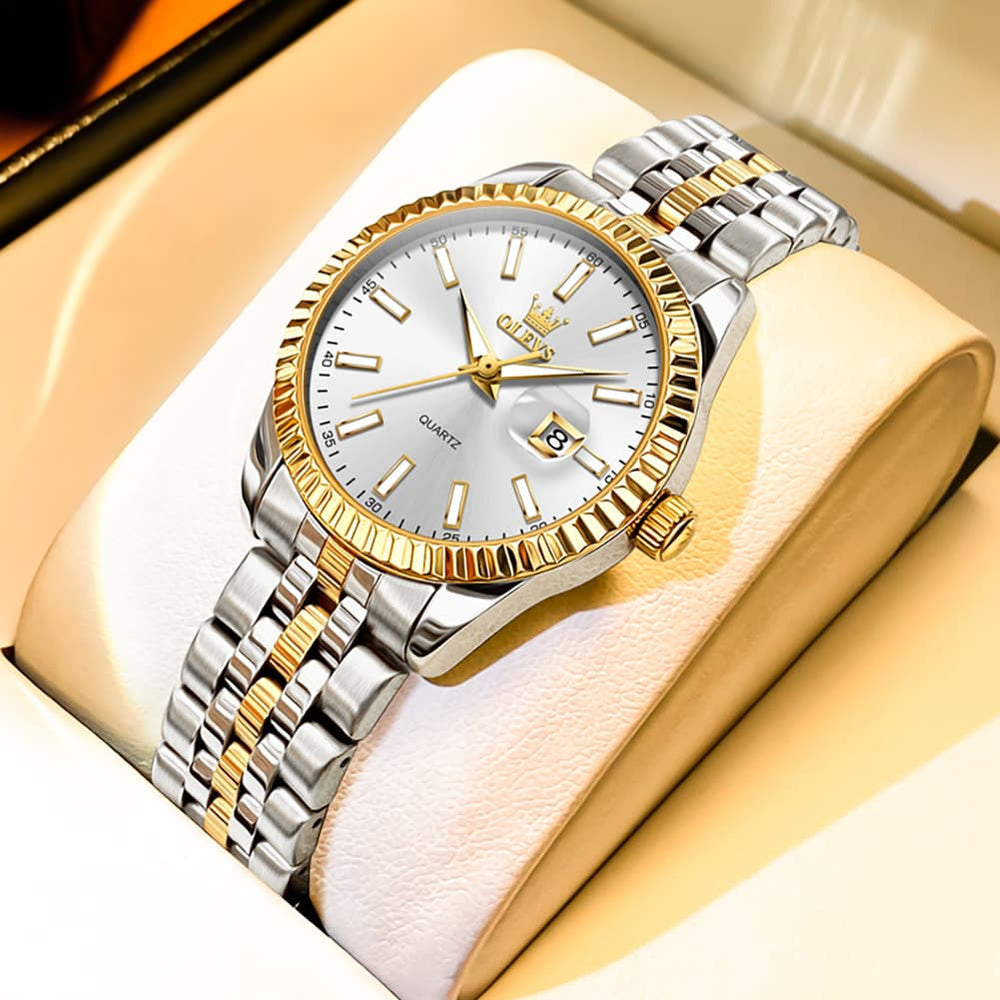 OLEVS Couple Watch Fluted Bezel Two Tone Stainless Steel Date Quartz 5593 - Women - Two Tone White Watch | Olevs Watch Store