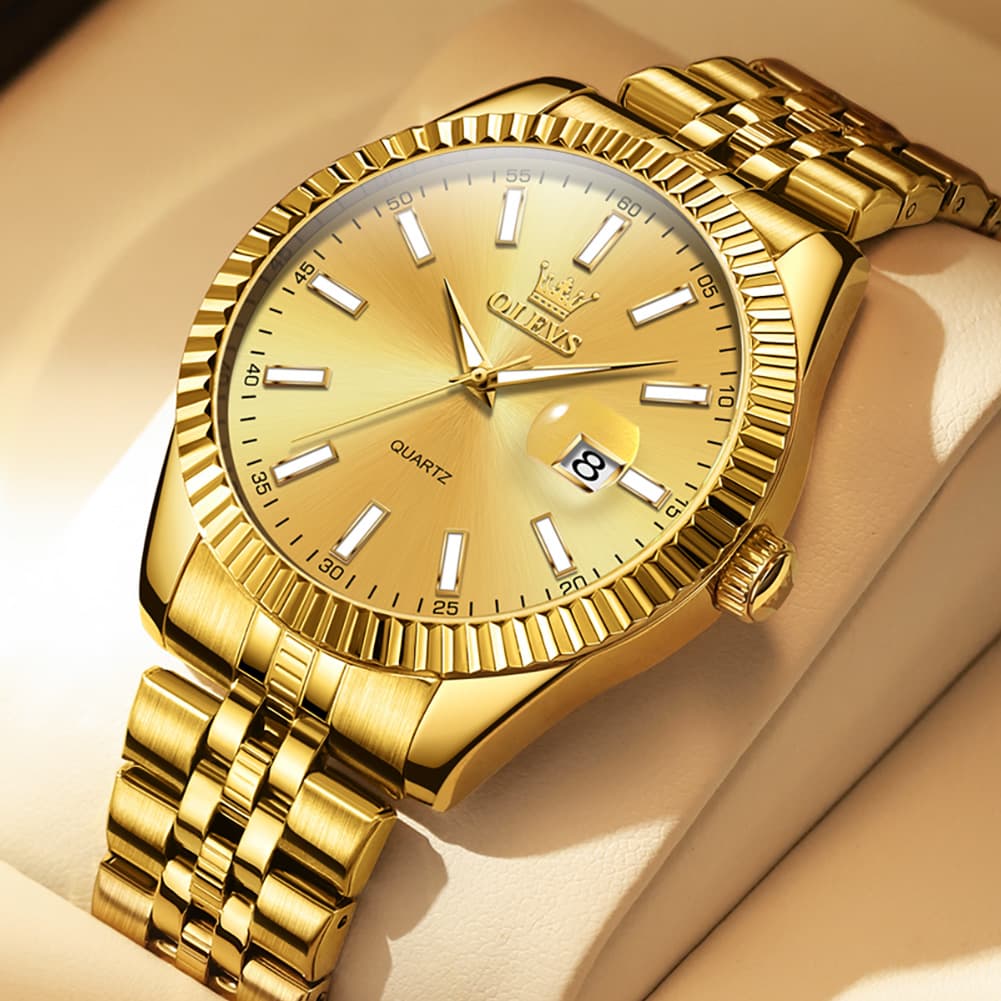 OLEVS Couple Watch Fluted Bezel Two Tone Stainless Steel Date Quartz 5593 - Men - All Gold Watch | Olevs Watch Store