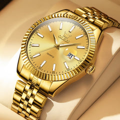 OLEVS Couple Watch Fluted Bezel Two Tone Stainless Steel Date Quartz 5593 - Men - All Gold Watch | Olevs Watch Store