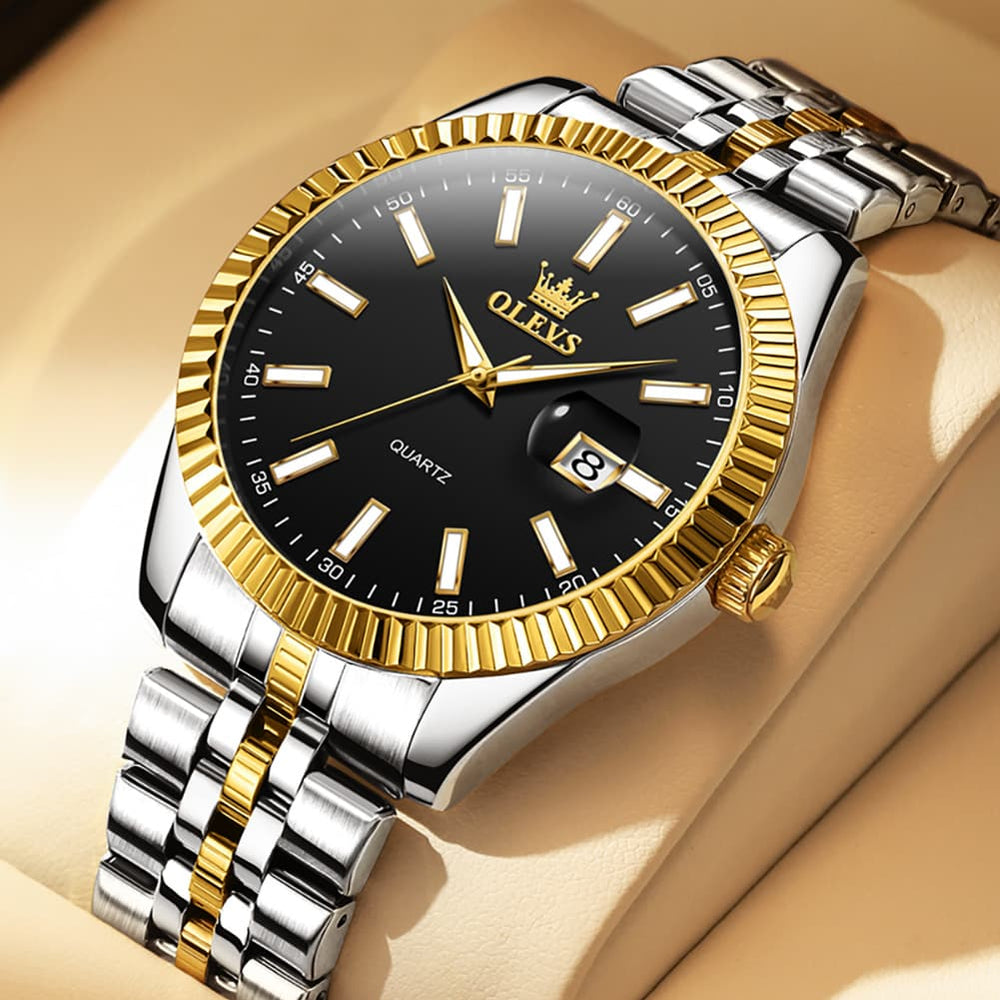 OLEVS Couple Watch Fluted Bezel Two Tone Stainless Steel Date Quartz 5593 - Men - Two Tone Black Watch | Olevs Watch Store