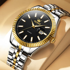 OLEVS Couple Watch Fluted Bezel Two Tone Stainless Steel Date Quartz 5593 - Men - Two Tone Black Watch | Olevs Watch Store