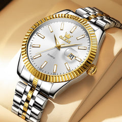 OLEVS Couple Watch Fluted Bezel Two Tone Stainless Steel Date Quartz 5593 - Men - Two Tone White Watch | Olevs Watch Store