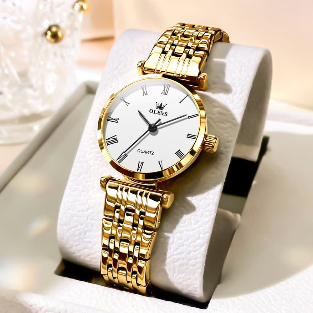OLEVS Couple Watch Ultra Slim Roman Numerals Stainless Steel Quartz 5592 - Women - All Gold Watch | Olevs Watch Store