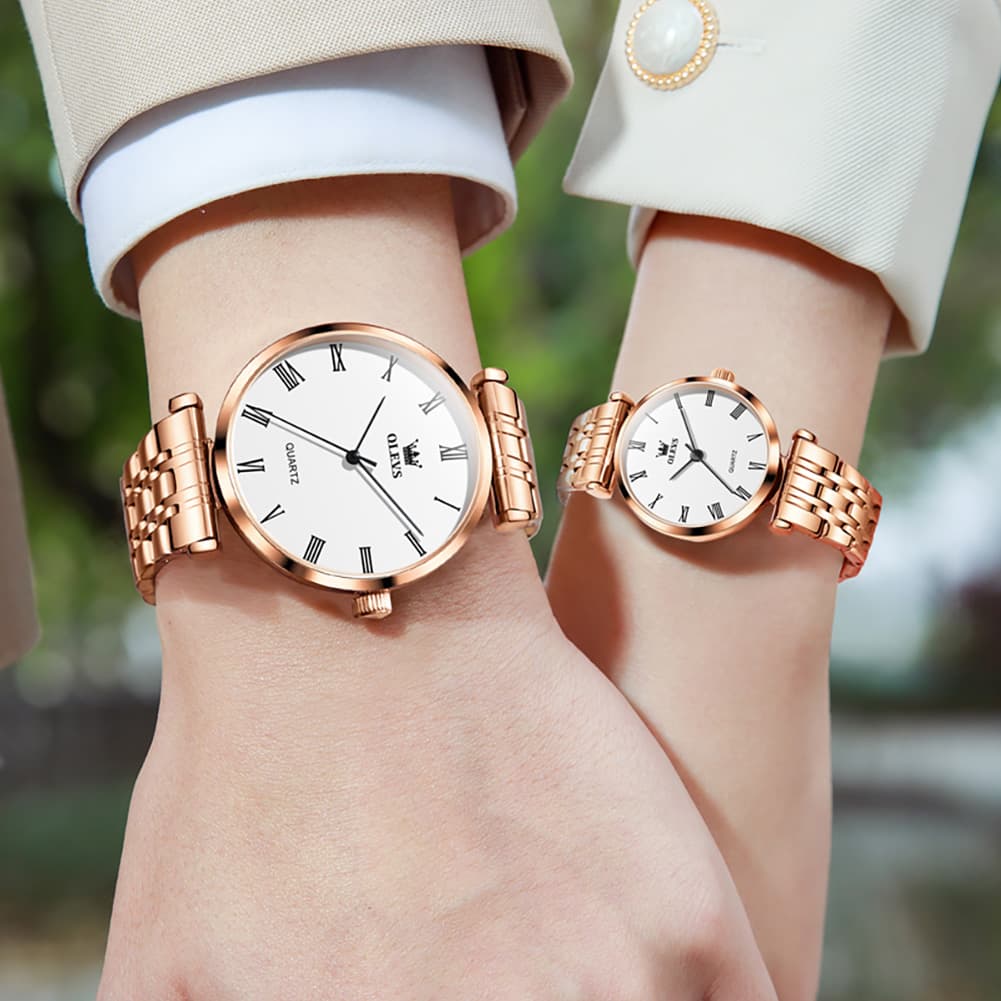 OLEVS Couple Watch Ultra Slim Roman Numerals Stainless Steel Quartz 5592 - Women - Rose Gold Watch | Olevs Watch Store