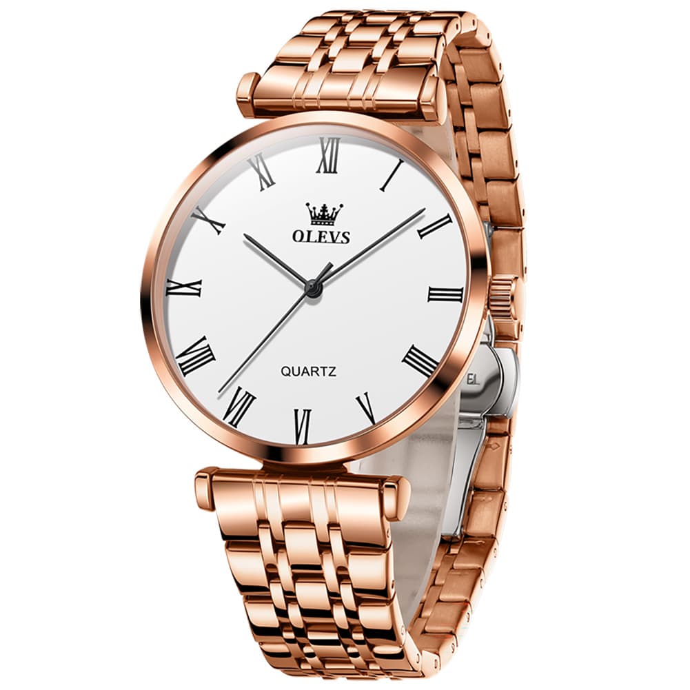 OLEVS Couple Watch Ultra Slim Roman Numerals Stainless Steel Quartz 5592 - Women - Rose Gold Watch | Olevs Watch Store