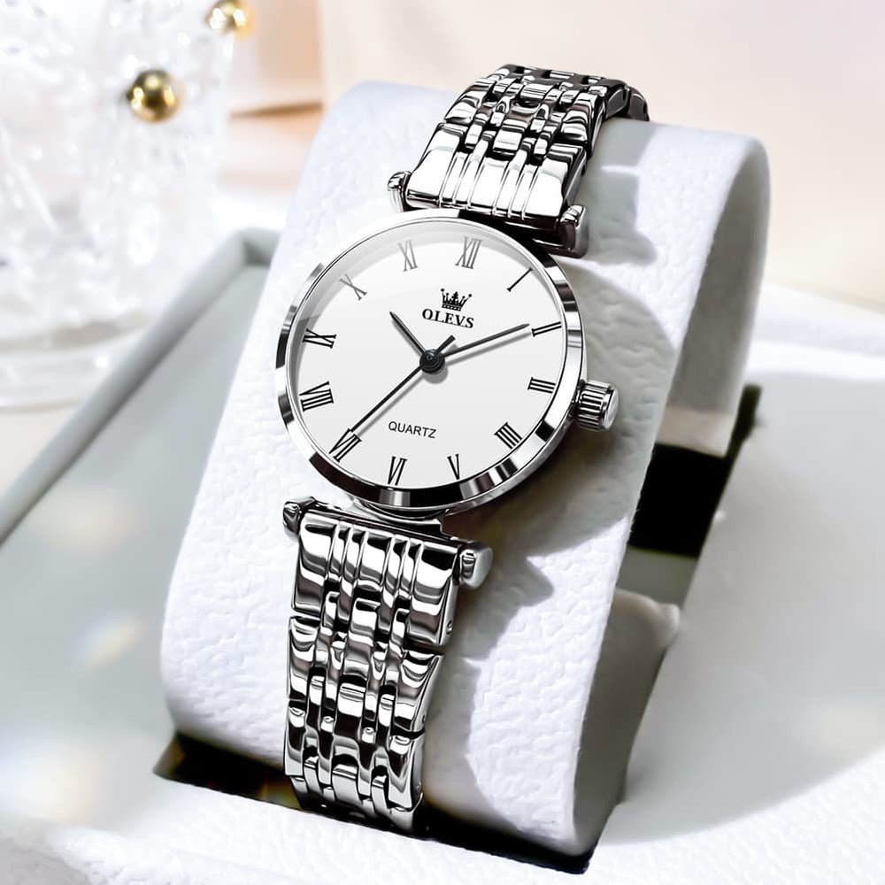 OLEVS Couple Watch Ultra Slim Roman Numerals Stainless Steel Quartz 5592 - Women - Silver White Watch | Olevs Watch Store