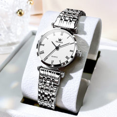 OLEVS Couple Watch Ultra Slim Roman Numerals Stainless Steel Quartz 5592 - Women - Silver White Watch | Olevs Watch Store