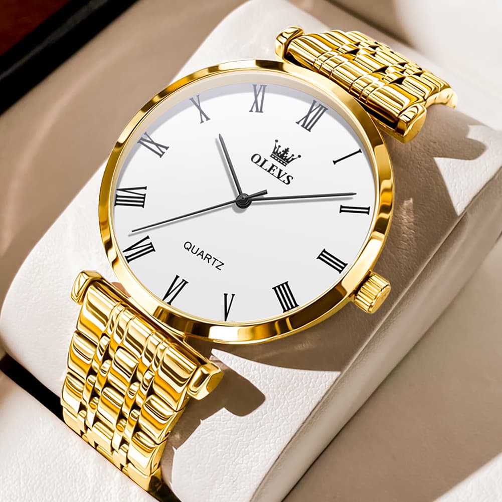 OLEVS Couple Watch Ultra Slim Roman Numerals Stainless Steel Quartz 5592 - Men - All Gold Watch | Olevs Watch Store