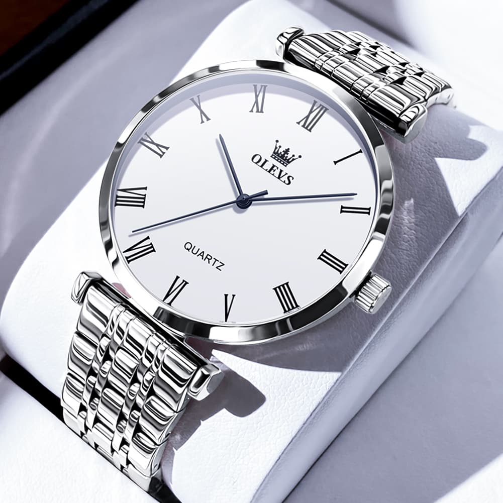 OLEVS Couple Watch Ultra Slim Roman Numerals Stainless Steel Quartz 5592 - Men - Silver White Watch | Olevs Watch Store