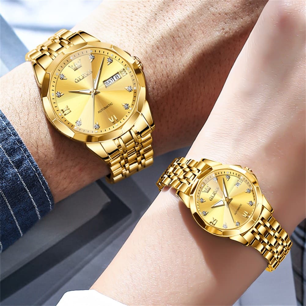 OLEVS Couple Watches 3D Diamond Cut Mirror Automatic Watch 9982 Steel Band for His and Hers-All Black-Olevs Watch Store