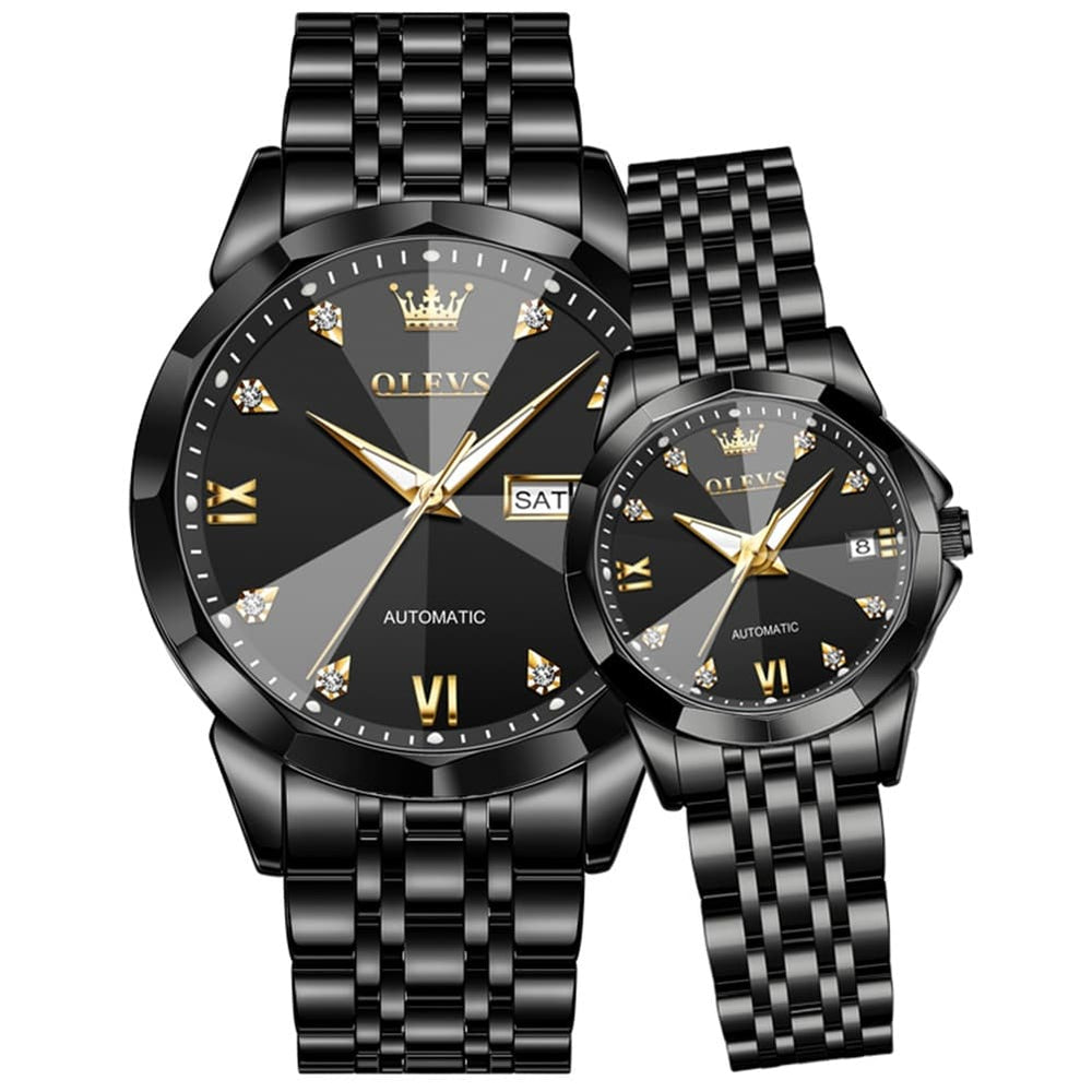 OLEVS Couple Watches 3D Diamond Cut Mirror Automatic Watch 9982 Steel Band for His and Hers-All Black-Olevs Watch Store