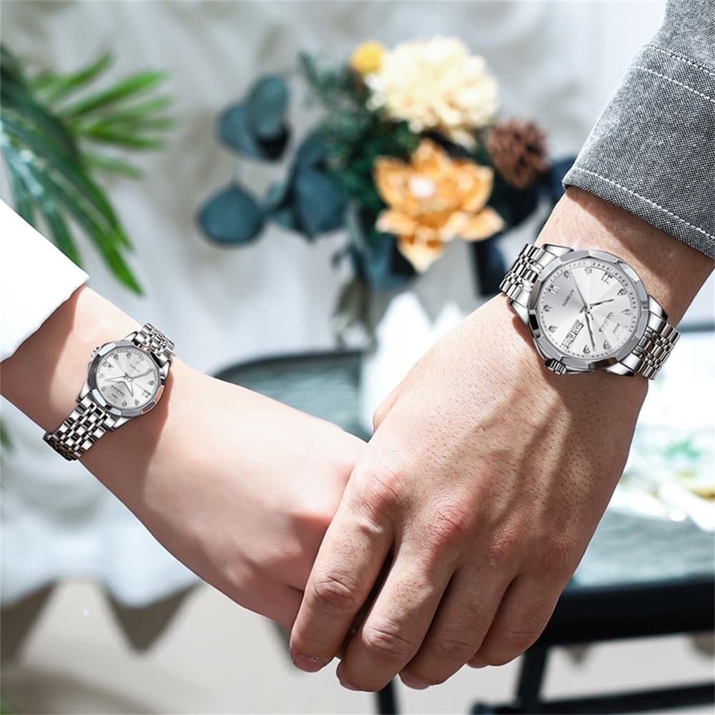 OLEVS Couple Watches 3D Diamond Cut Mirror Automatic Watch 9982 Steel Band for His and Hers-All Black-Olevs Watch Store