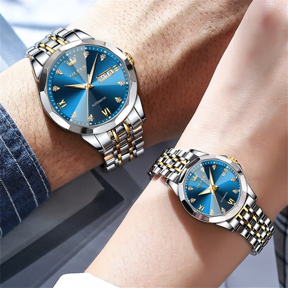 OLEVS Couple Watches 3D Diamond Cut Mirror Automatic Watch 9982 Steel Band for His and Hers-All Black-Olevs Watch Store