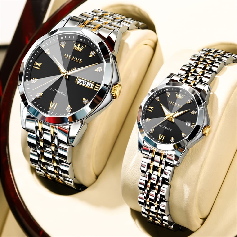 OLEVS Couple Watches 3D Diamond Cut Mirror Automatic Watch 9982 Steel Band for His and Hers-All Black-Olevs Watch Store
