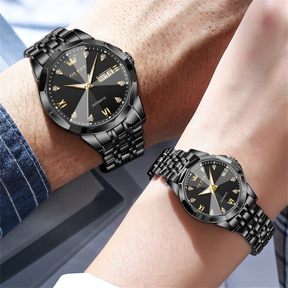 OLEVS Couple Watches 3D Diamond Cut Mirror Automatic Watch 9982 Steel Band for His and Hers-All Black-Olevs Watch Store