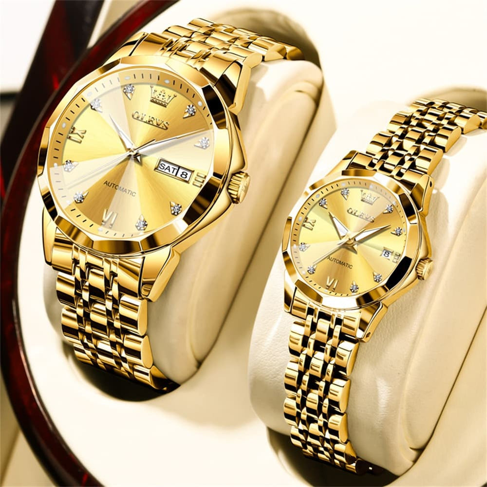 OLEVS Couple Watches 3D Diamond Cut Mirror Automatic Watch 9982 Steel Band for His and Hers-All Black-Olevs Watch Store