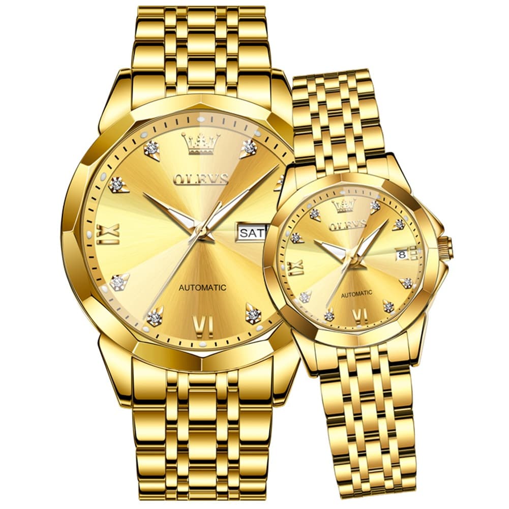 OLEVS Couple Watches 3D Diamond Cut Mirror Automatic Watch 9982 Steel Band for His and Hers-All Gold-Olevs Watch Store