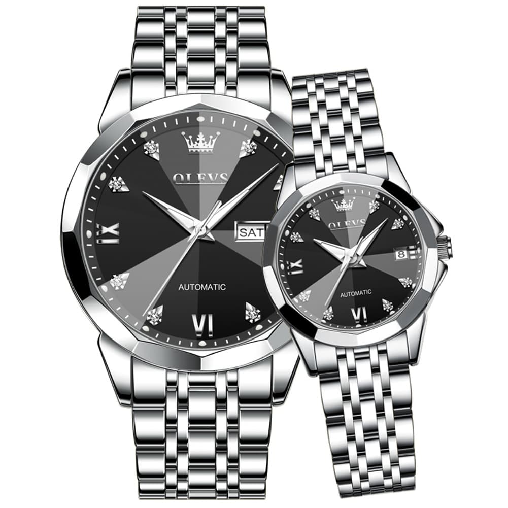 OLEVS Couple Watches 3D Diamond Cut Mirror Automatic Watch 9982 Steel Band for His and Hers-Silver Black-Olevs Watch Store