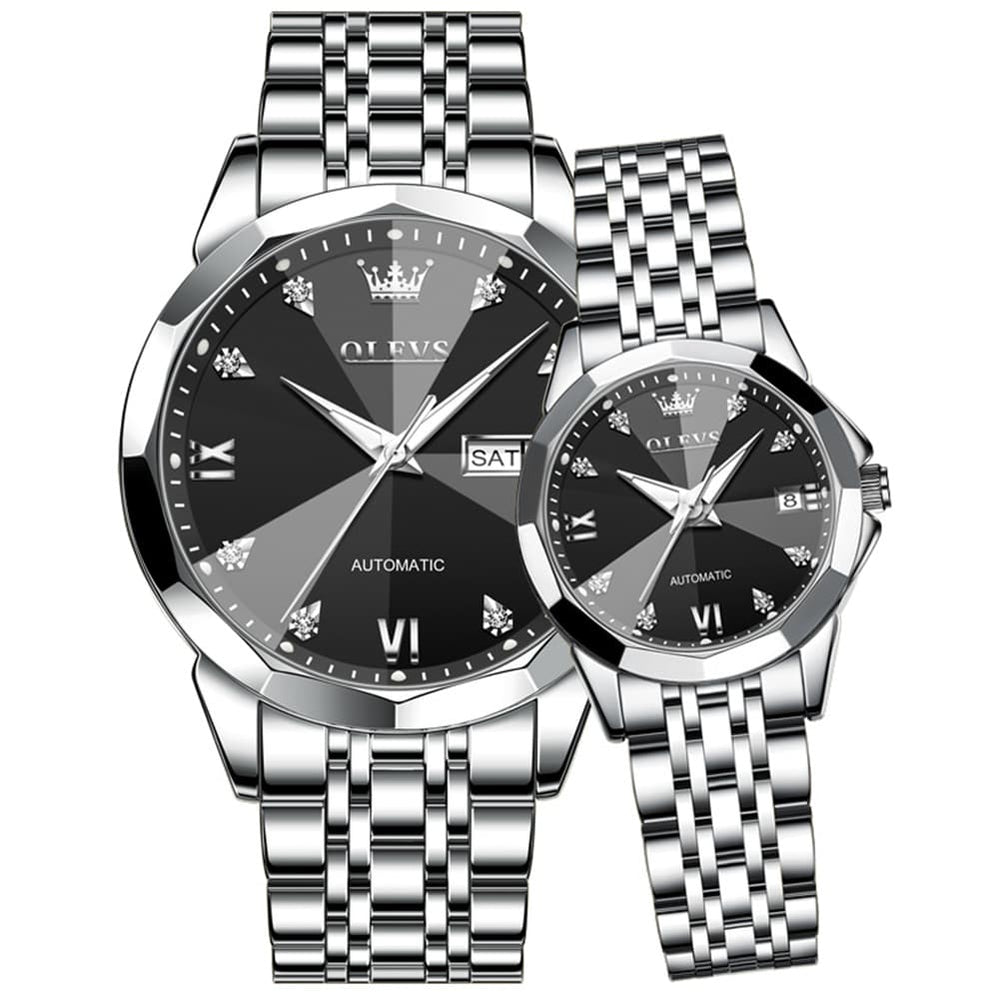 OLEVS Couple Watches 3D Diamond Cut Mirror Automatic Watch 9982 Steel Band for His and Hers-Silver Black-Olevs Watch Store