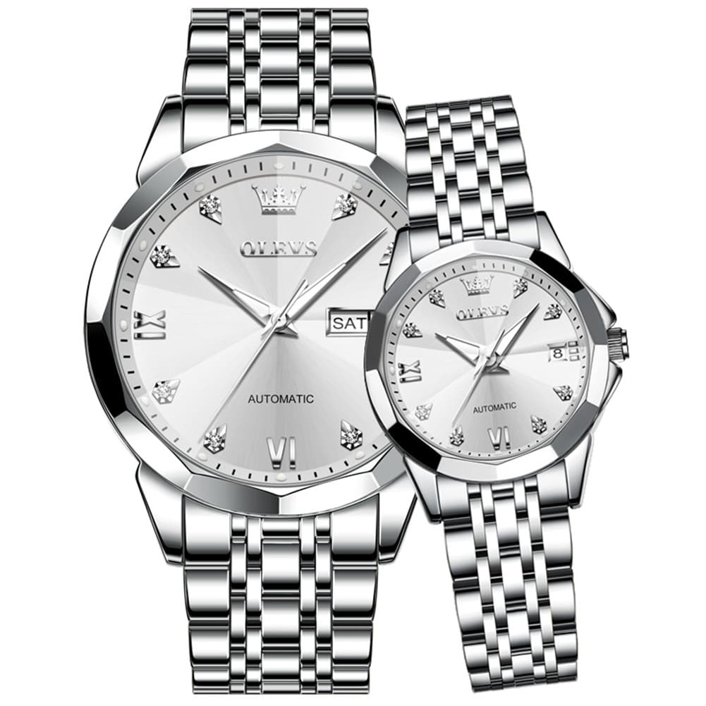 OLEVS Couple Watches 3D Diamond Cut Mirror Automatic Watch 9982 Steel Band for His and Hers-Silver White-Olevs Watch Store