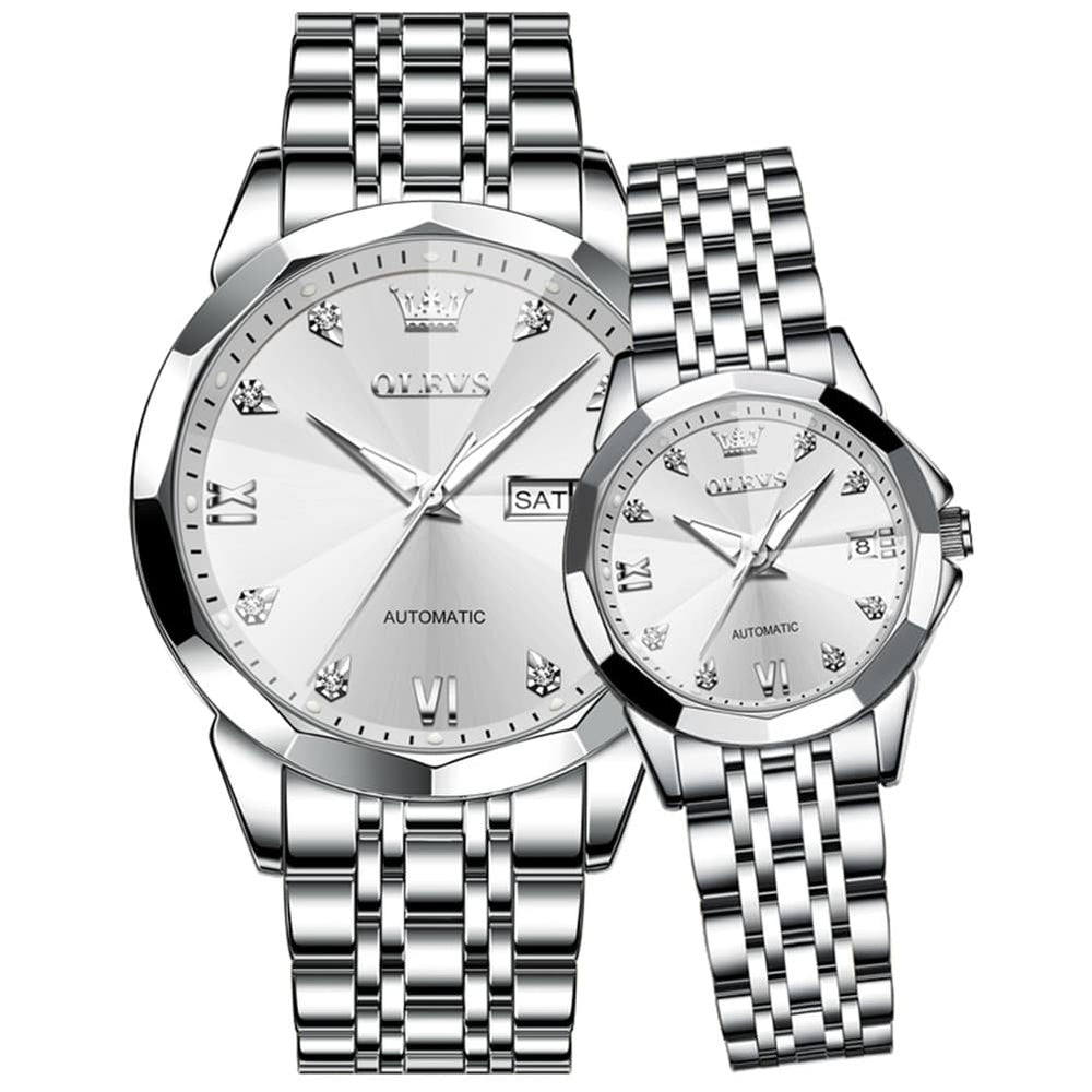 OLEVS Couple Watches 3D Diamond Cut Mirror Automatic Watch 9982 Steel Band for His and Hers-Silver White-Olevs Watch Store