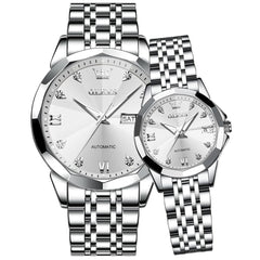 OLEVS Couple Watches 3D Diamond Cut Mirror Automatic Watch 9982 Steel Band for His and Hers-Silver White-Olevs Watch Store