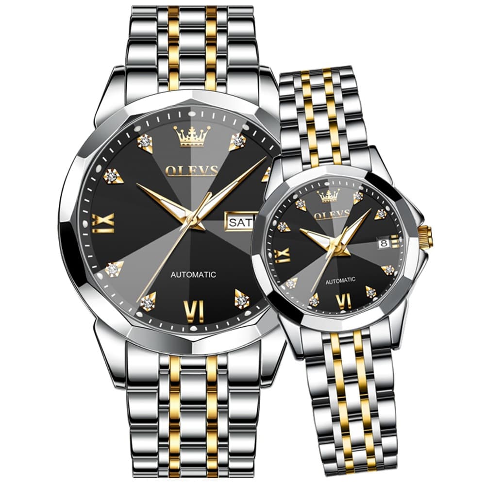 OLEVS Couple Watches 3D Diamond Cut Mirror Automatic Watch 9982 Steel Band for His and Hers-Two Tone Black-Olevs Watch Store