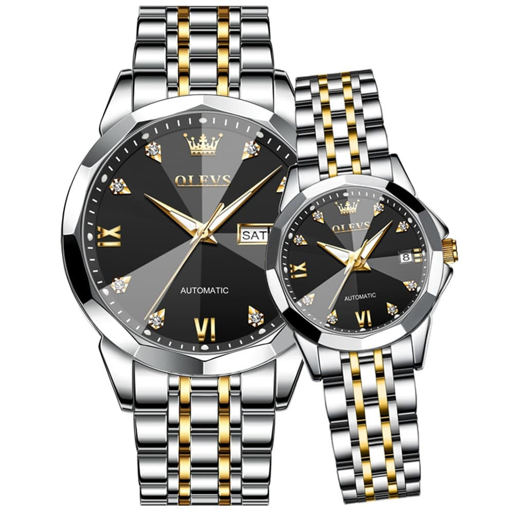 OLEVS Couple Watches 3D Diamond Cut Mirror Automatic Watch 9982 Steel Band for His and Hers-Two Tone Black-Olevs Watch Store