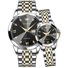 OLEVS Couple Watches 3D Diamond Cut Mirror Automatic Watch 9982 Steel Band for His and Hers-Two Tone Black-Olevs Watch Store