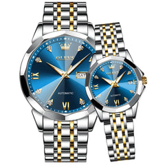 OLEVS Couple Watches 3D Diamond Cut Mirror Automatic Watch 9982 Steel Band for His and Hers-Two Tone Blue-Olevs Watch Store