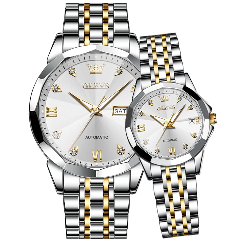 OLEVS Couple Watches 3D Diamond Cut Mirror Automatic Watch 9982 Steel Band for His and Hers-Two Tone White-Olevs Watch Store