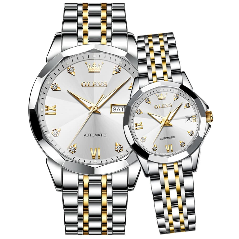OLEVS Couple Watches 3D Diamond Cut Mirror Automatic Watch 9982 Steel Band for His and Hers-Two Tone White-Olevs Watch Store